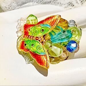 Vintage Artist made Cloisonné butterfly crystal wire ring sz11